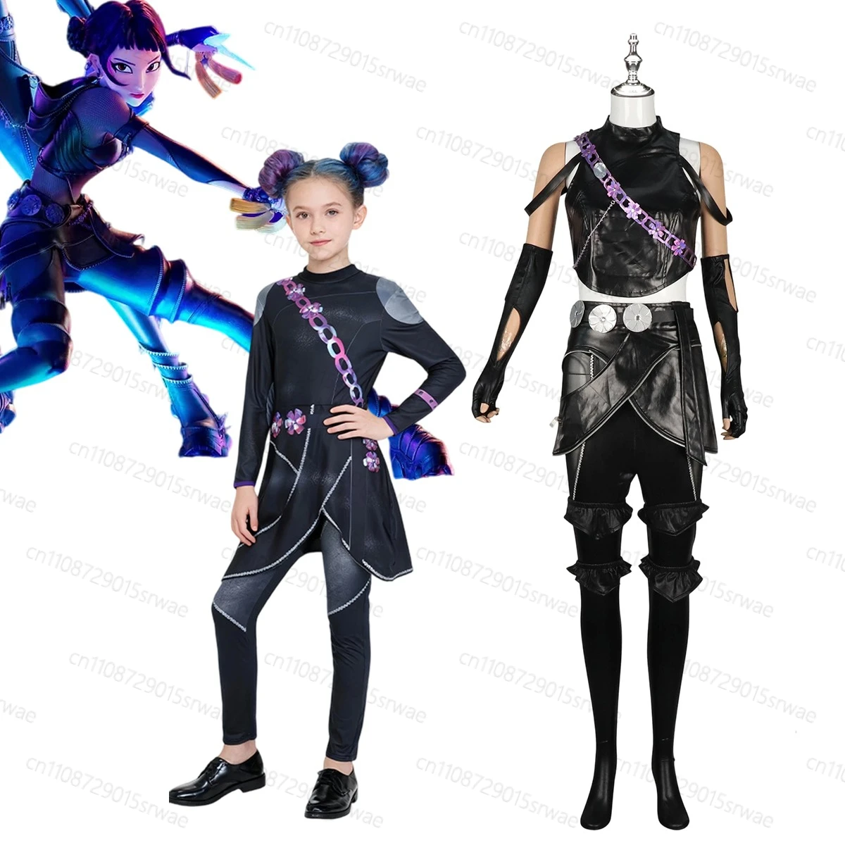 

Kpop Demons Hunters Zoey Cosplay Costume Children Adults Pants Belt Gloves Black Leather Bodysuit Group Idol Roleplay Suit