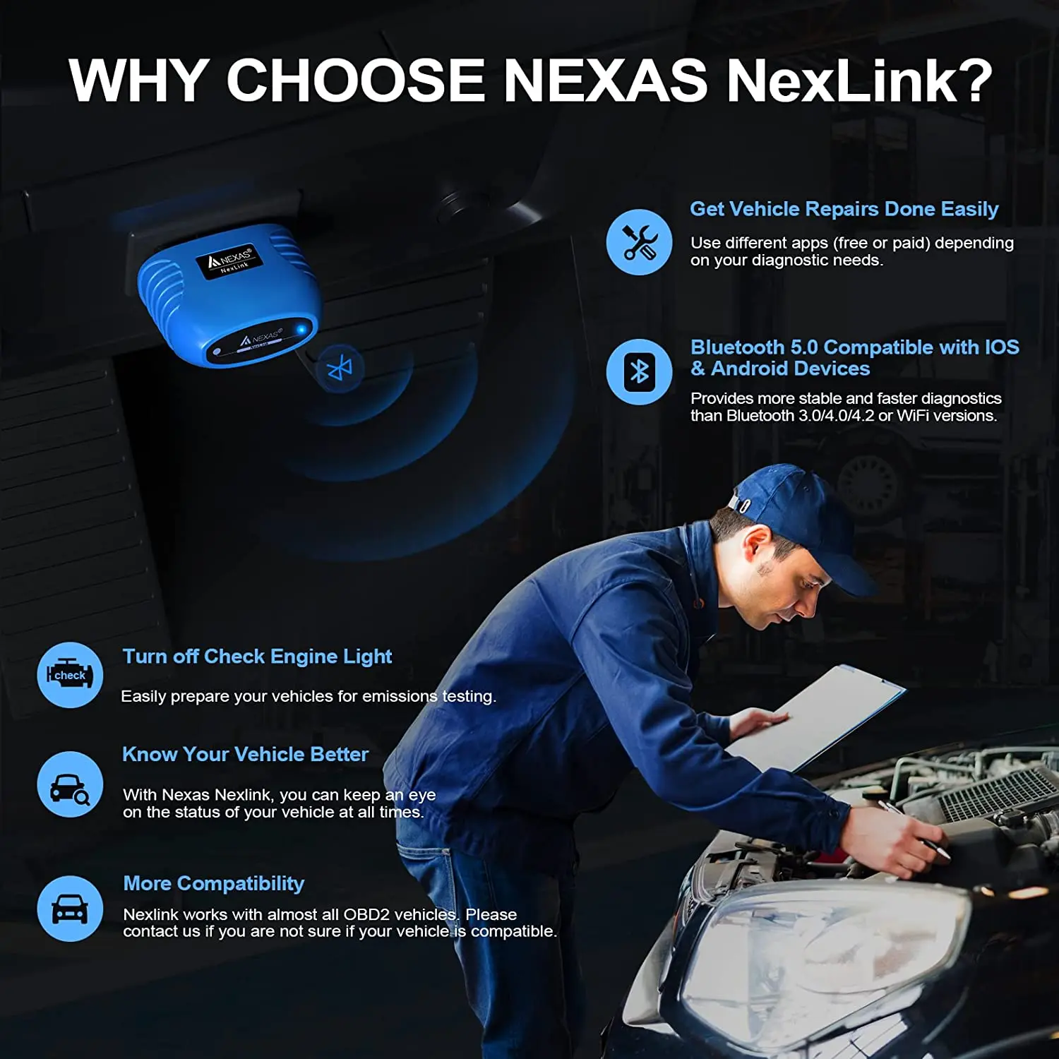 NEXAS-escáner de diagnóstico para coche, herramienta de escaneo de motor NexLink OBD2 Scannner, EOBD OBD2, para IOS, Android, Windows