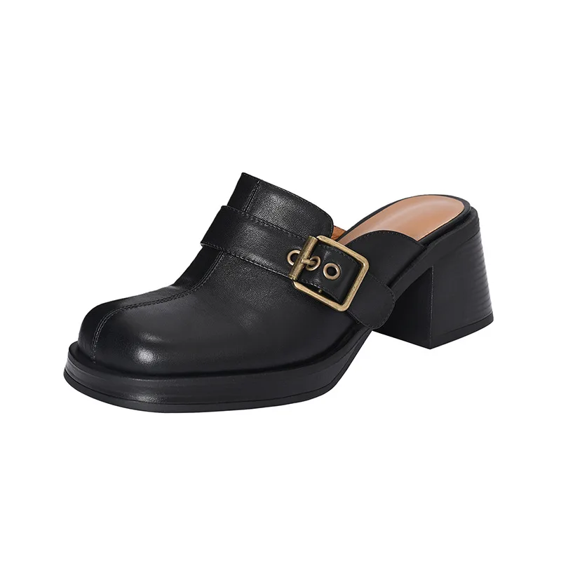Baotou Half Slippers Women\'s New Commuter Thick Heels Thick Sole Outer Wear Muller Shoes Belt Buckle High Heels Women Shoes