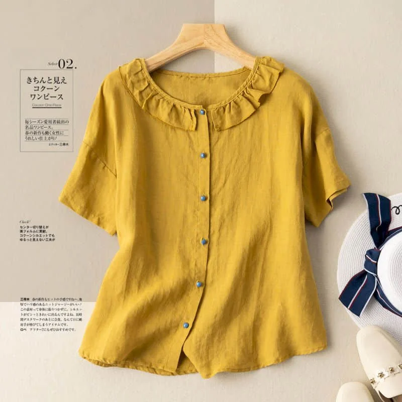 Solid Shirts for Women Short Sleeve O-neck Casual Summer Thin Loose Single Breasted Korean Style One Piece Blouse Women Tops