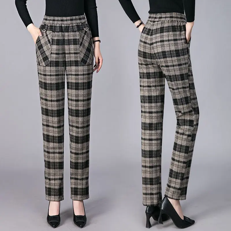 200 Pound Plus Size Pants Women Spring Autumn Straight Leg Middle-aged Fashionable Outerwear Loose Casual Plaid Pants Trendy