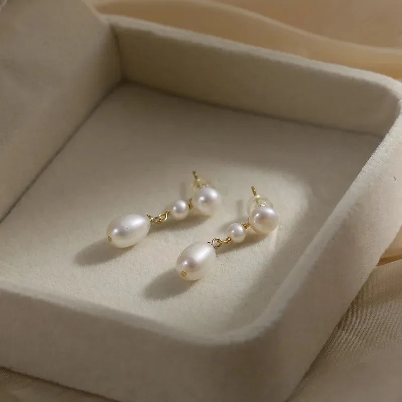 Minar High Quality Three Freshwater Pearls Strand Drop Earrings For Women Gold Plated Brass Long Earring Statement Jewelry