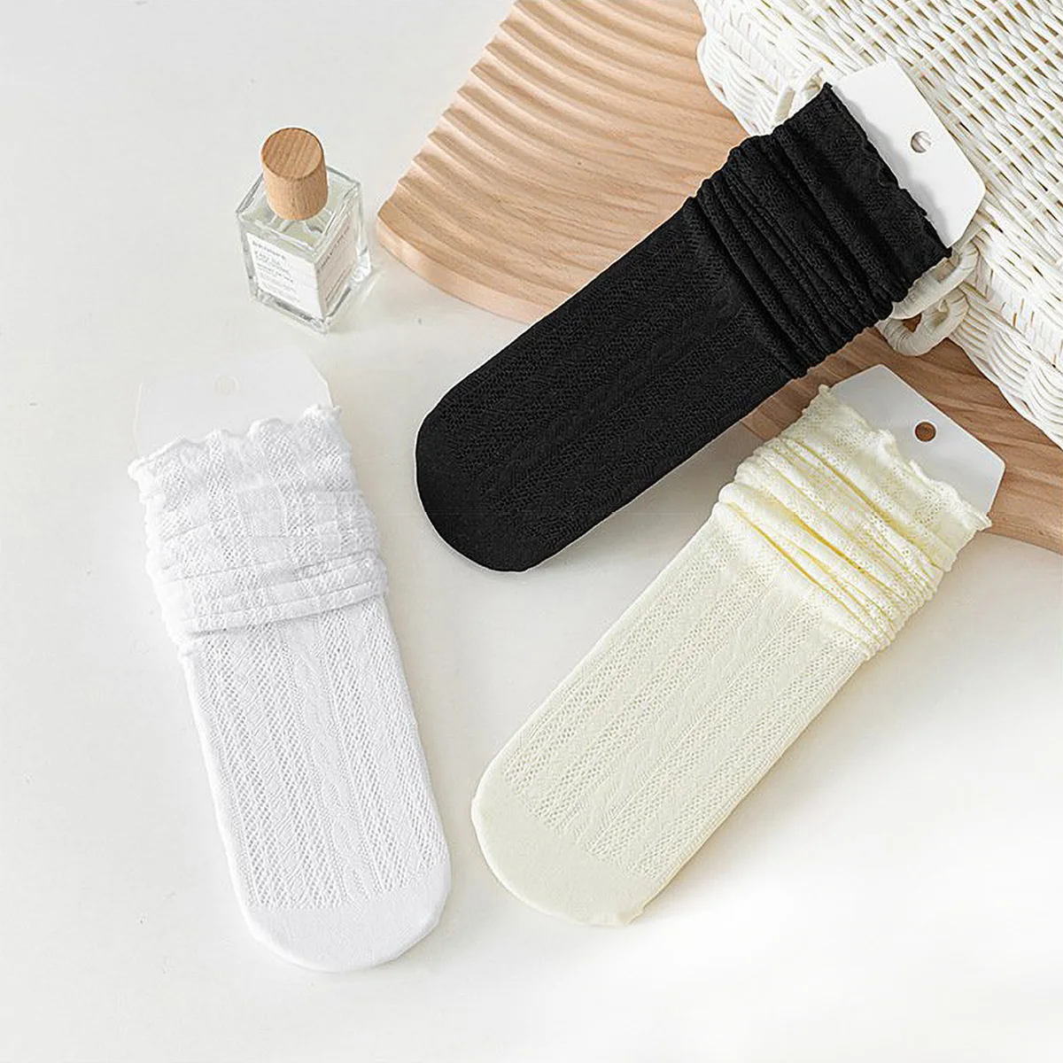 3 Pairs Women's Sunmmer Thin Ruffle Frilly Socks Breathable Lace Cute Princess Slouch Socks Flower Hollow Lolita Dress Socks