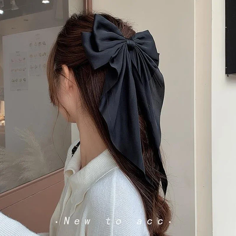 Elegant Bow Ribbon Hair Clip Fashion Simple Solid Satin Spring Clip Hair Pin Retro Headband with Clips Girls Hair Accessories