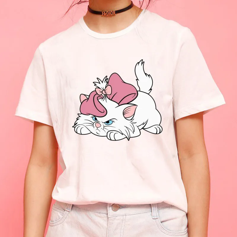 Cartoon Marie Cat Women\'s T-shirt Disney The Aristocats Graphic Print Summer Short Sleeve Summer Crew Neck Casual Top for Girls