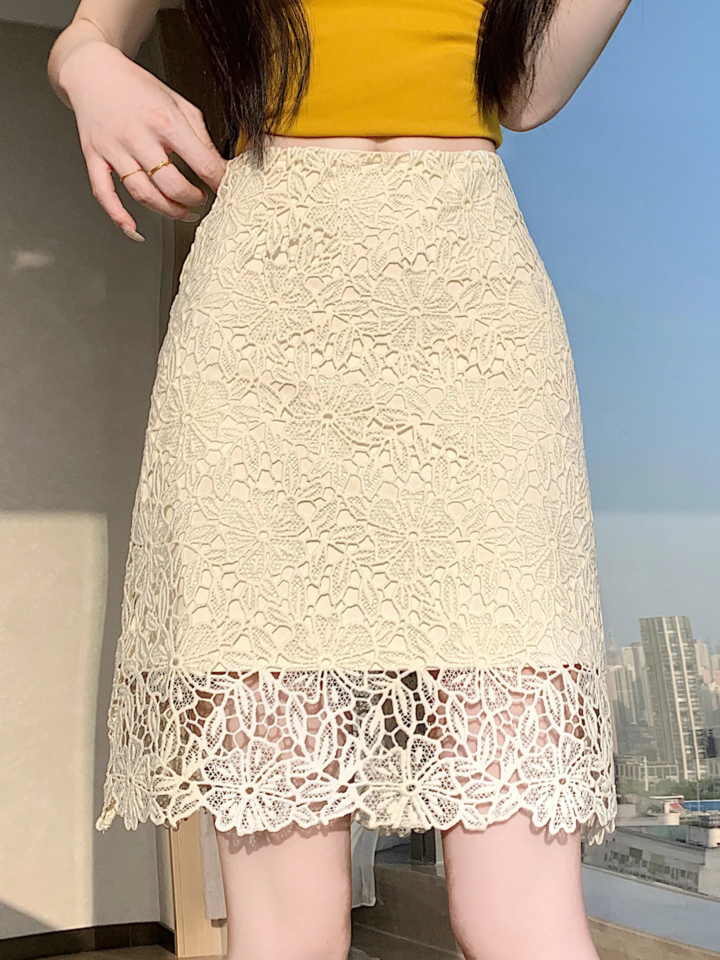 

Elegant Lace Hollow out Half Skirt Women's High Waist Slimming Hip Covering Straight A-Line Mid-Length Skirt Summer Fashion