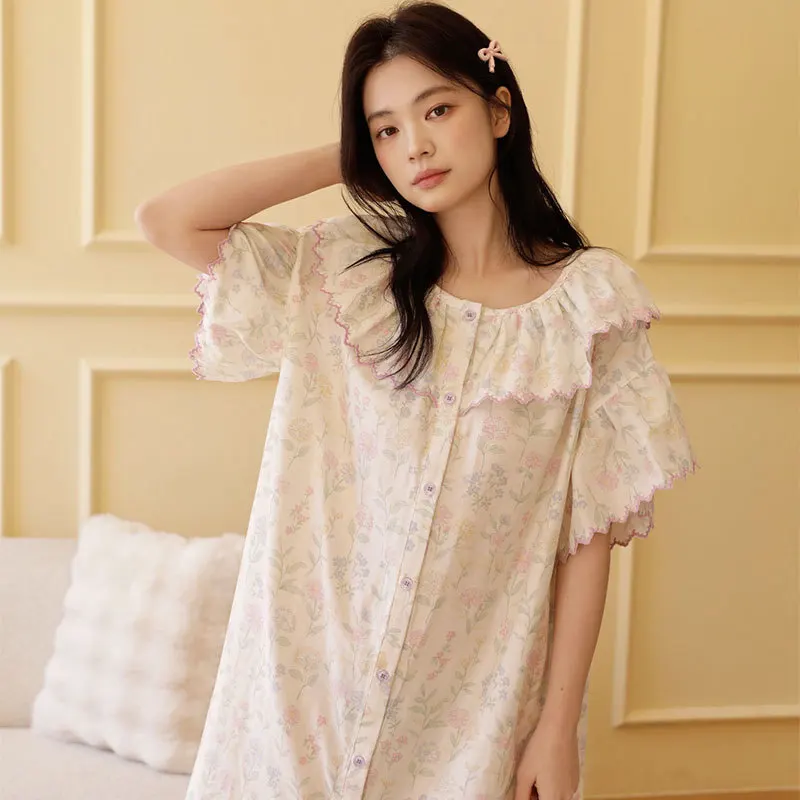 Women's 100% Cotton Gauze Ditsy Floral Short Sleeve Button-Front Nightgown with Ruffle Collar & Hem, Breathable Summer Sleepwear 3