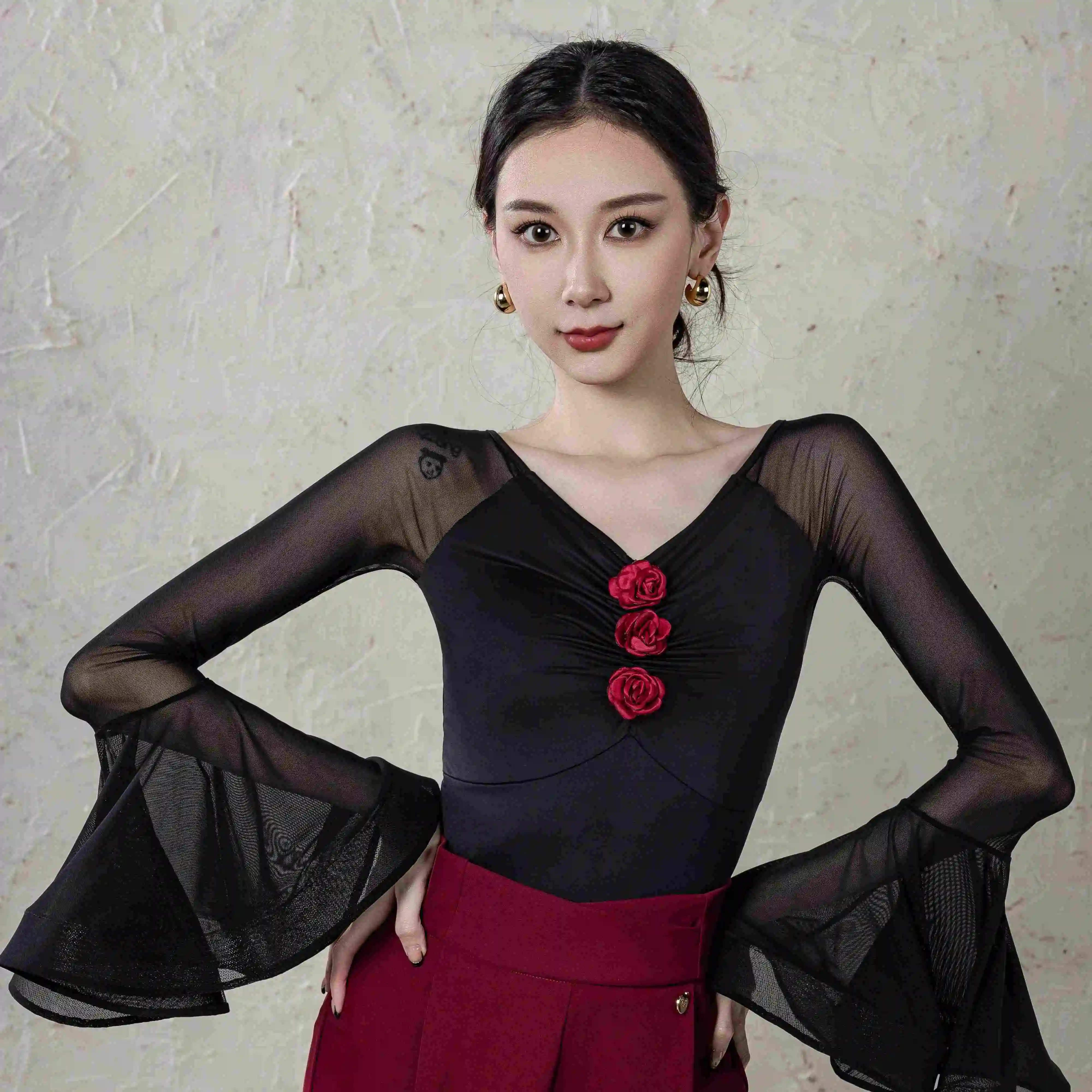 

National Standard Ballroom Dance Clothes Mesh Flared Sleeves Tops Women Latin Dance Costume Waltz Dance Performance Tops BL14203