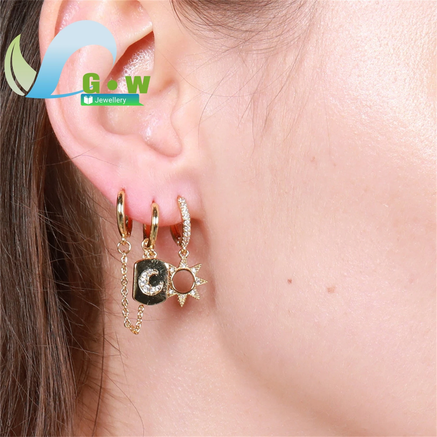 

Комплект украшений для ушей в корейском стиле: серьги-гвоздики из меди с микроинкрустацией цирконом, три предмета, для женщин