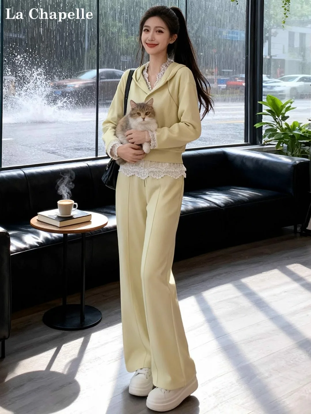 

La Chapelle Casual Sportswear Set Women's Spring Autumn Winter High-End Feel Hoodie Lace Vest Tee-Piece Set Long Sve Cotton