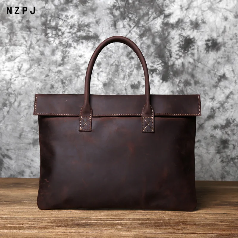NZPJ-maletín Retro para hombre, bolso de mano informal de cuero de vaca, para tableta de negocios, de embrague fino para ordenador portátil de 16 pulgadas