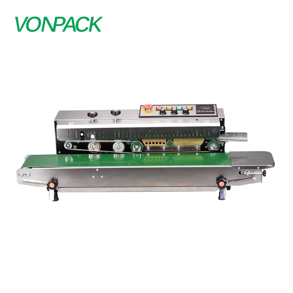 VONPACK FR-1000 ماكينة ختم شريط الطاولة الأوتوماتيكية من الفولاذ المقاوم للصدأ ماكينة ختم شريط المصنع المستمر تاريخ الطباعة