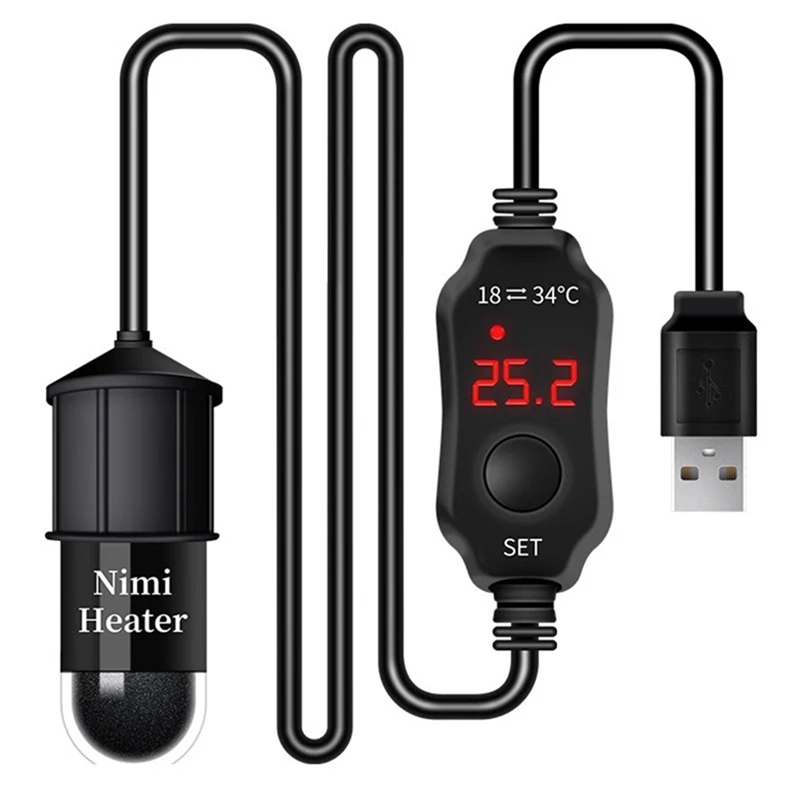 Aquarium Heating Rod Fish Tank Heater Mini USB Charging Submersible Thermostat Heater Adjustable Temperature 18-34℃