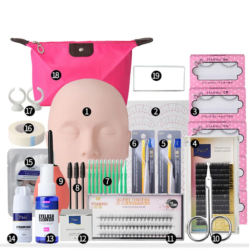 

False Eyelash Extension Training Kit Practice Model Head Eye Pads Tweezers Glue Ring Brush Grafting Eyelash Tools Kit