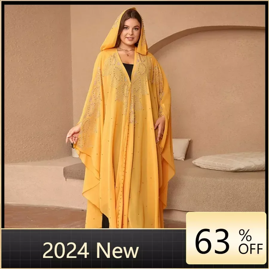 Cardigã com capuz com zíper, Eid, muçulmano Abaya, africano, árabe, robe longo, ajuste solto, diamantes, elástico, kaftan islâmico, casual