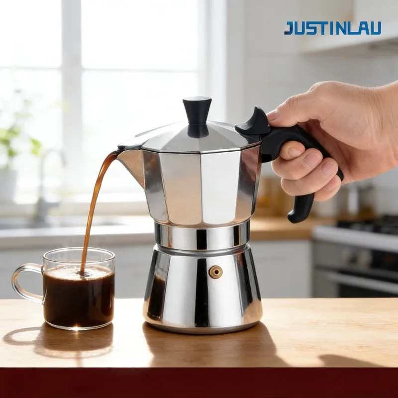 JUSTINLAU 150/300ML Stainless Steel Italian Coffee Pot Home Espresso Maker Hand Brewing Coffee Accessories Octagonal Moka Pot