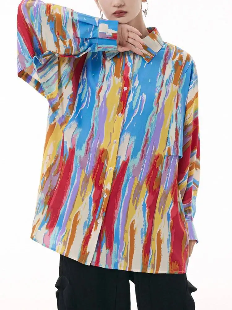 

Women Red Tie Dye Printed Big Size Casual Blouse New Lapel Long Sleeve Shirt Fashion Tide Spring Autumn
