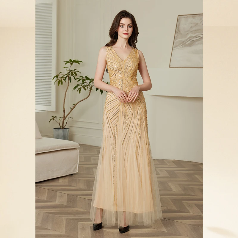 ชุดราตรีแฟชั่นหรูหราเอว Cinching ลึก V คอชุดปาร์ตี้เลื่อมประดับด้วยลูกปัดชุดราตรียาวชุดปาร์ตี้
