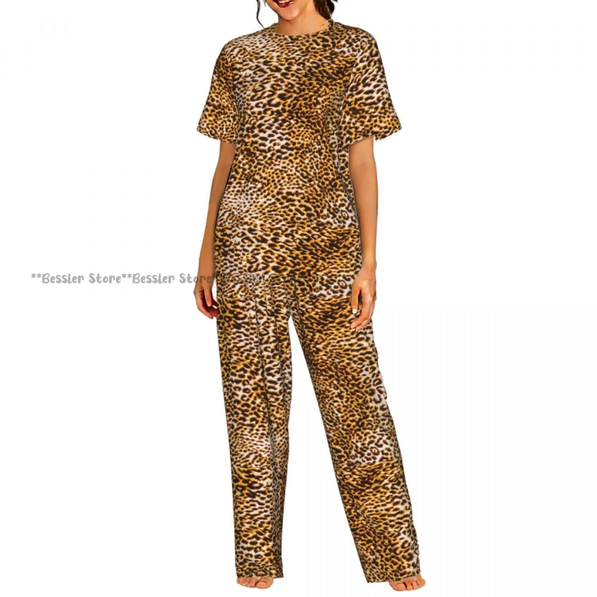 

Women's Leopard Texture Print short sleeve trousers casual pajamas set
