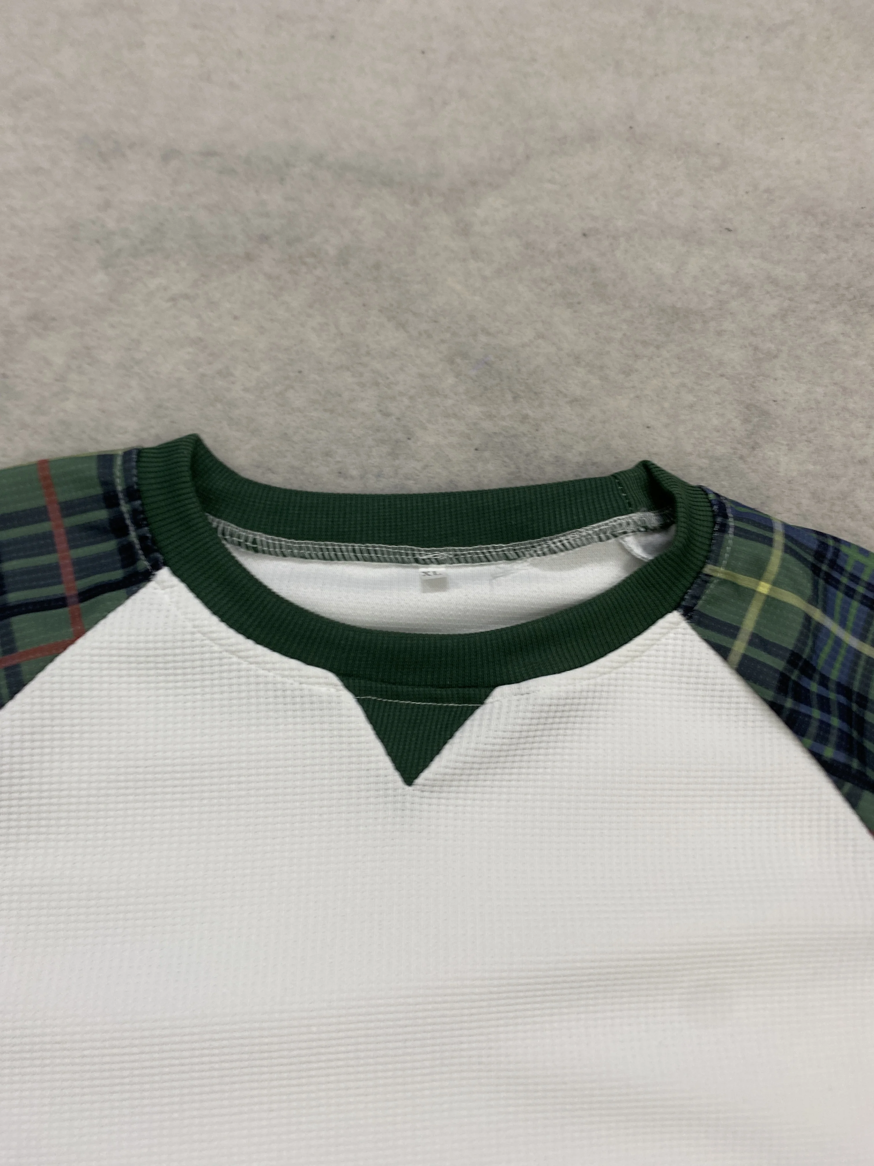 Vintage Plaid Raglan Long Sleeve T‑Shirt Waffle Knit Notch V‑Neck Loose Casual Top