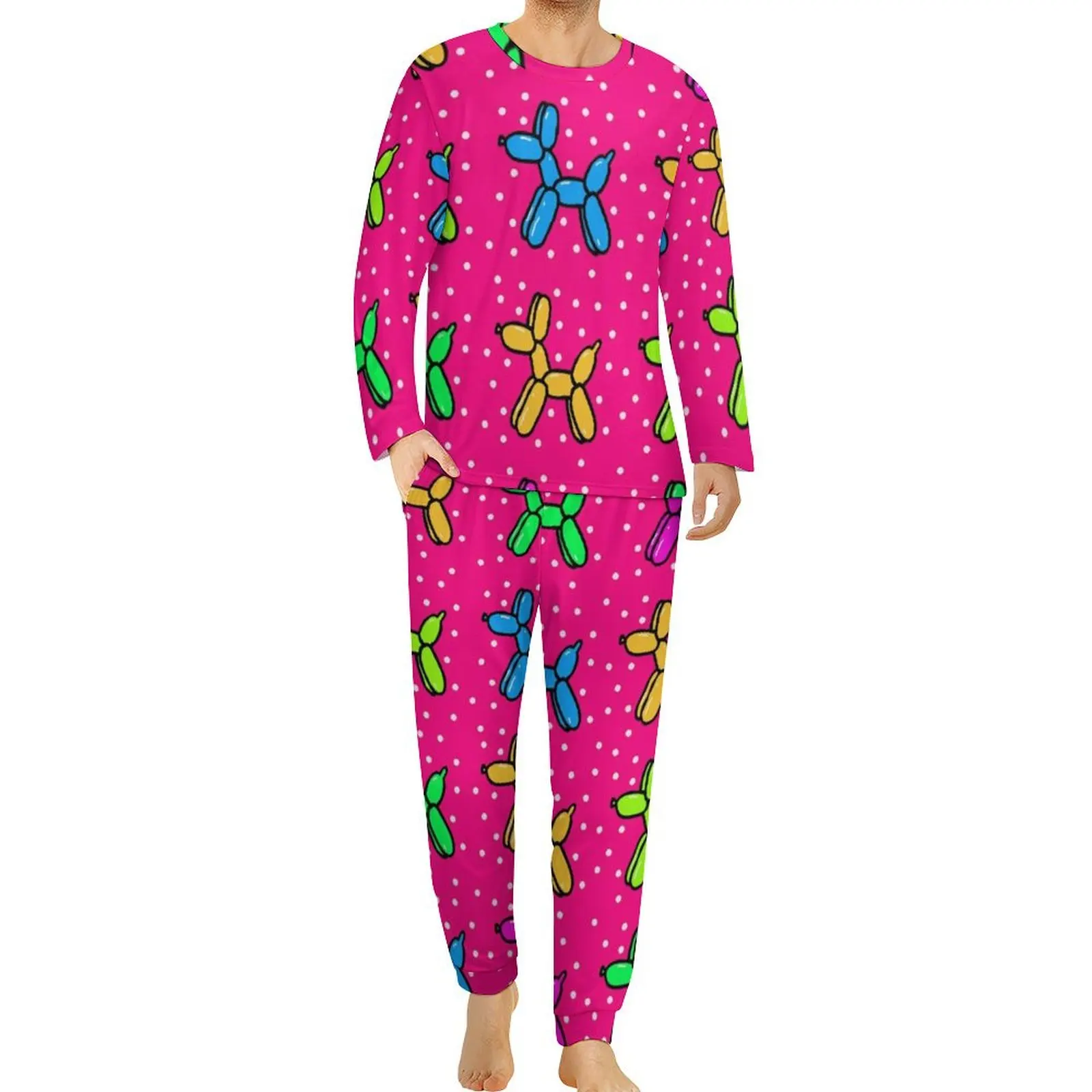 Balloon Dogs Print Pajamas Autumn 2 Pieces Polka Dots Lovely Pajamas Set Male Long Sleeve Bedroom Graphic Sleepwear Big Size 5XL