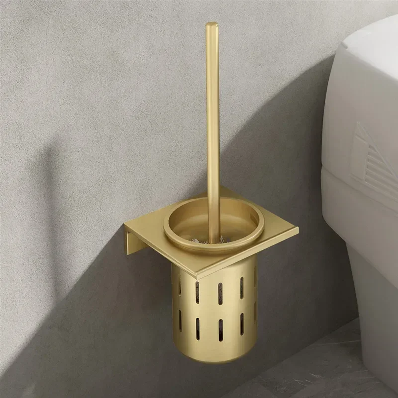 Toilet Toilet Brush Set with No Punching, Bathroom Wall Mounted Space Aluminum Brushed Gold Toilet Brush Holder Cleaning Brush