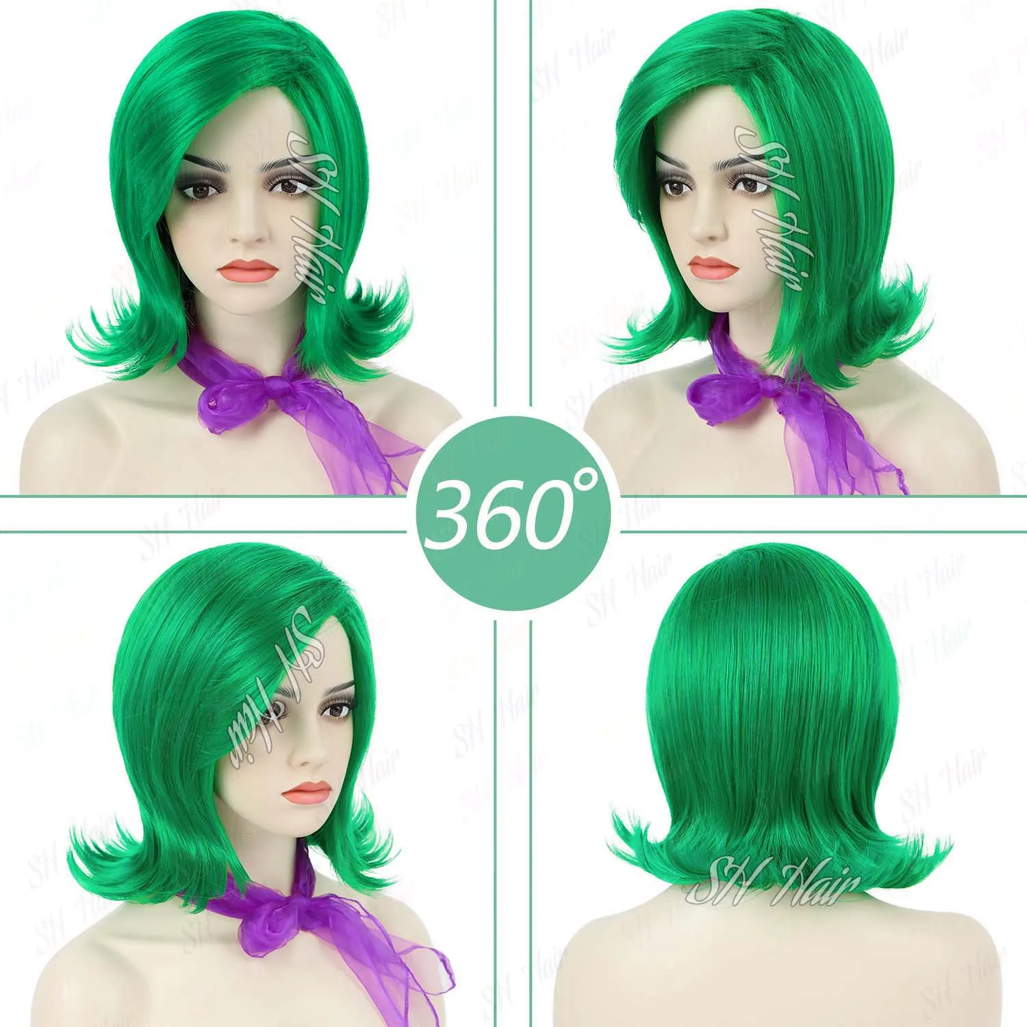 Synthetic Short Green Wig and Purplr Scarf for Women, Green Bob Wig with Flipped Ends for Halloween Party, Disgust Cosplay Wig