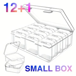 12pcs + 1pc 미니 투명 플라스틱 구슬 보관 상자, 작은 품목, 보석 보관을위한 힌지 뚜껑이있는 작은 빈 주최자 상자