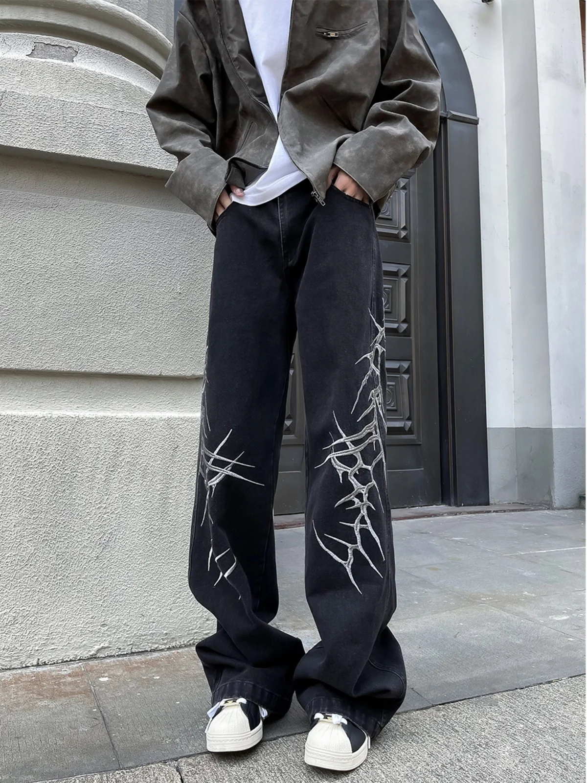American High Street Men's Jeans Spring Autumn Vibe Small Design Sense Embroidery Straight Leg Trendy Micro Flare Long Pants