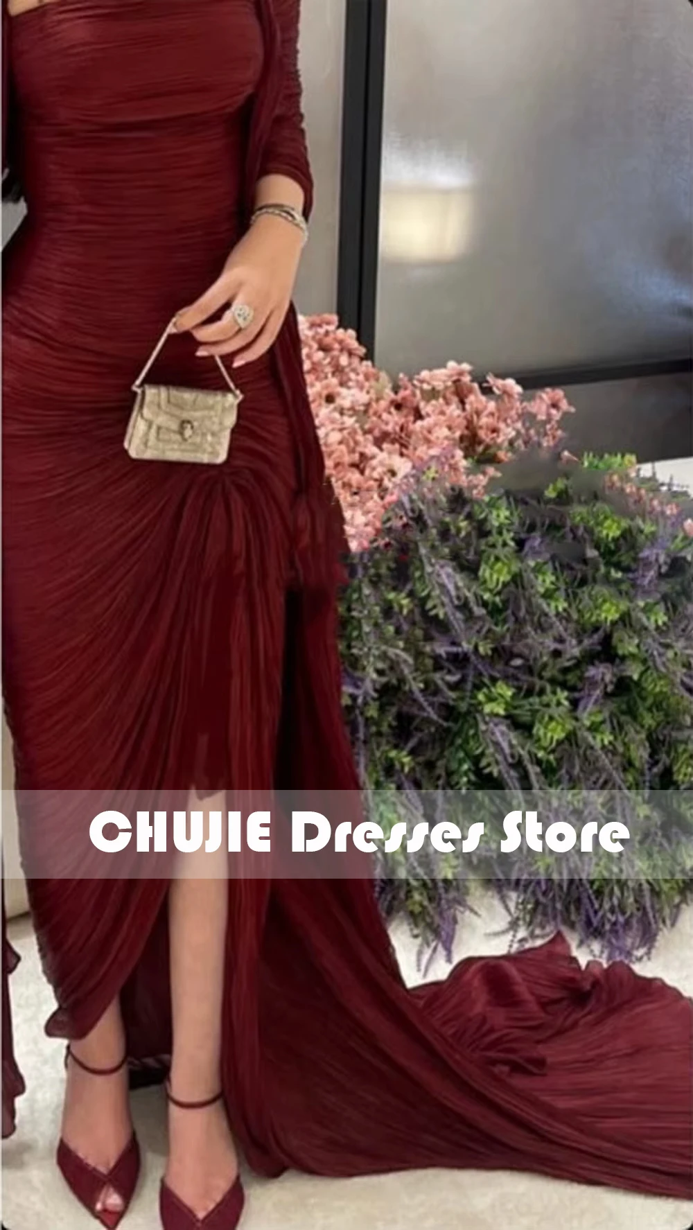 فساتين سهرة للمناسبات الرسمية بدون حمالات بطيات عنابي مع شال للحفلات الراقصة من Vestidos Largos De Gala Lorie مثير غير رسمي