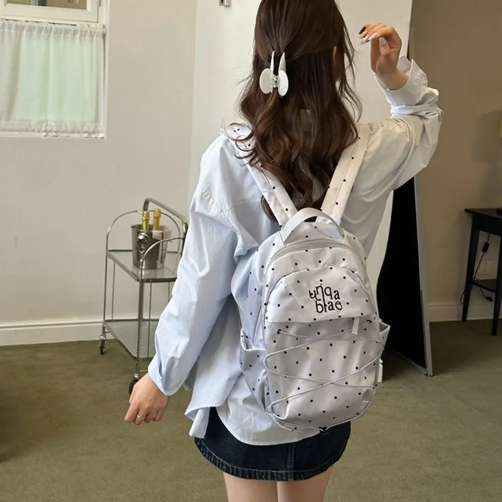 Sweet Polka Dot Backpack Y2k Minimalist Nylon Drawstring Rucksack Lightweight Millennial Style Student School Bag Travel Use
