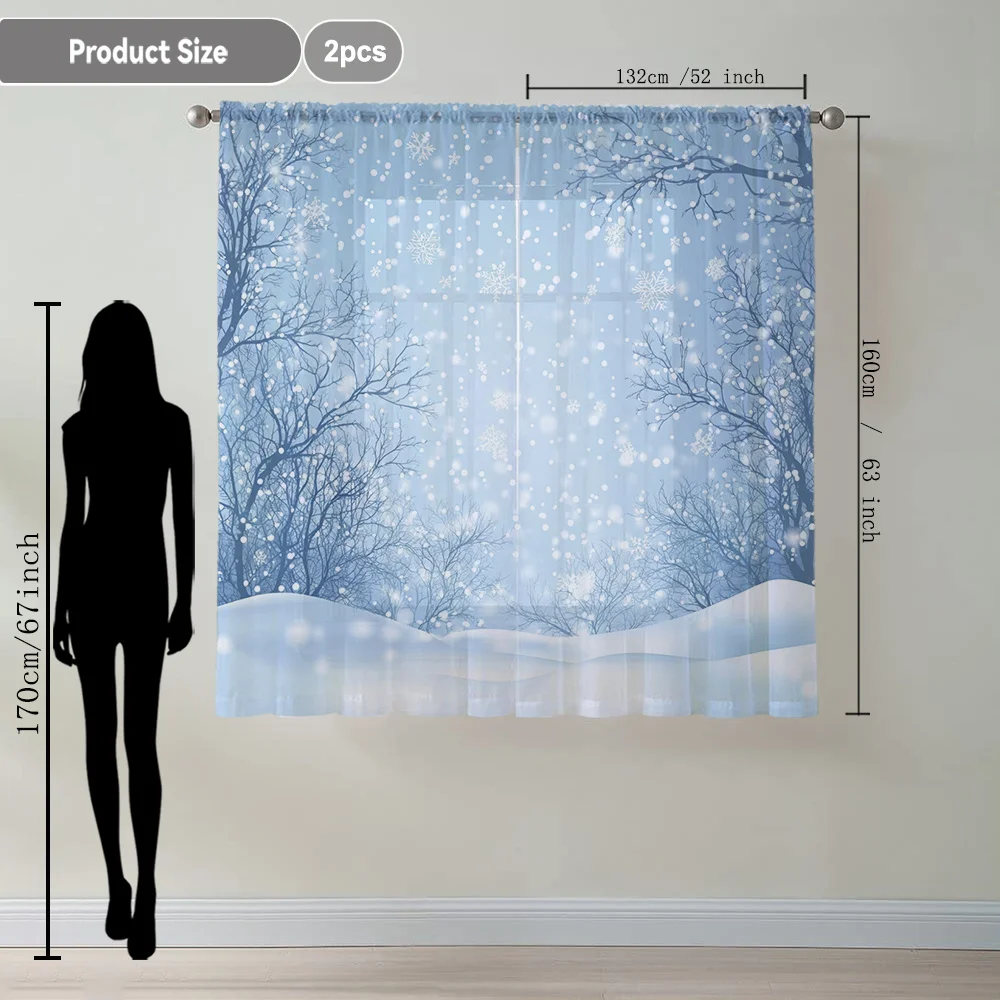 2PCS Winter Snow Scene Sheer Curtains – Snowy Trees & Flakes Print, Rod Pocket for Kitchen Café Bedroom Balcony