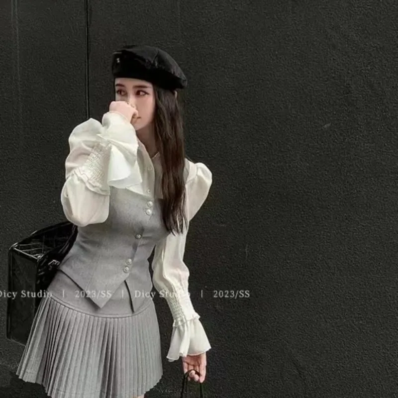 Korean Polo-neck Shirt Vest Pleated Skirt Three Piece Set Women College Square Collar Coat Fashion Solid Slim Fall Uniform Suit