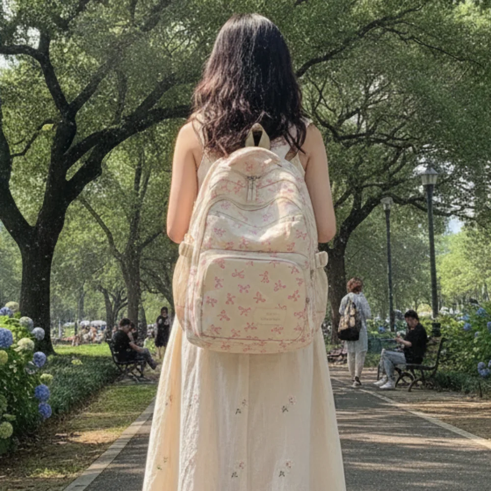Backpack Bow 3 Pcs/Set Student Backpack Fashion Large Capacity Bow Print SchoolBag Adjustable Strap Travel Backpack Girl Bag