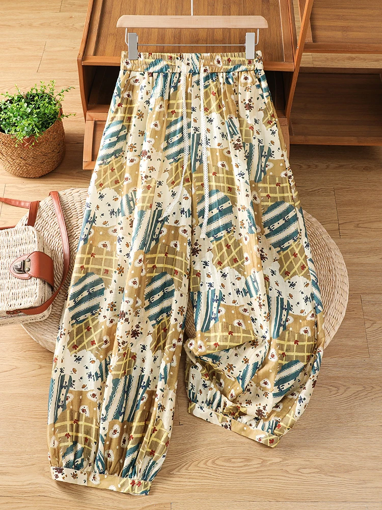

Laid-back Loose Fit Printed Drawstring Lantern Pants plus Size Women's Casual Summer New Style Versatile Nine Points Pants