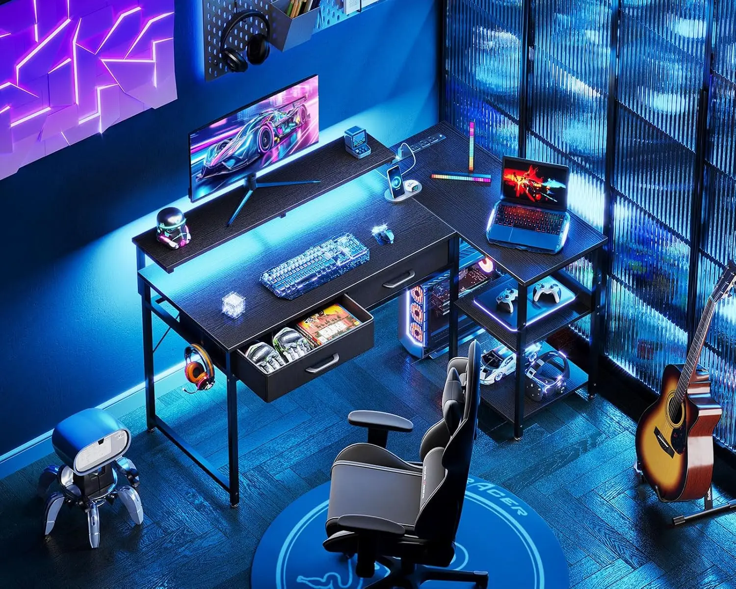 40 Inch L Shaped Gaming Desk with 2 Drawers & Storage Shelves, Computer Desk with USB Ports, Study Writing Table for Bedroom, Si