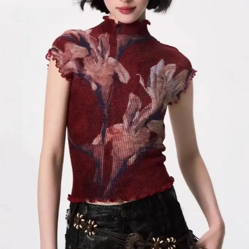 Camiseta con estampado Retro para mujer, blusa de diseño elástico alto, cuello medio alto, informal, fina, moda coreana Y2K 2000S, Tops ajustados de verano