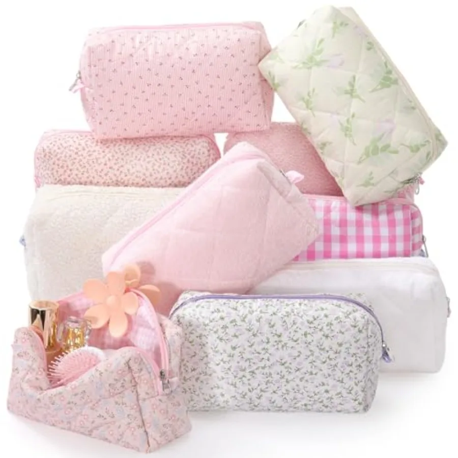 

10 Pcs Quilted Makeup Bag Bulk Cotton Cosmetic Bag Women Girls Bridesmaid Gifts Cute Makeup Pouch Coquette Aesthetic Travel Toi