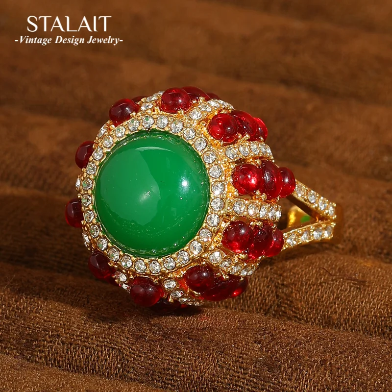 

Vintage Agate Red Ring Green Glass Natural Stone For Woman Flower Christmas Cocltail Party Accessories Luxury Quality Jewelry