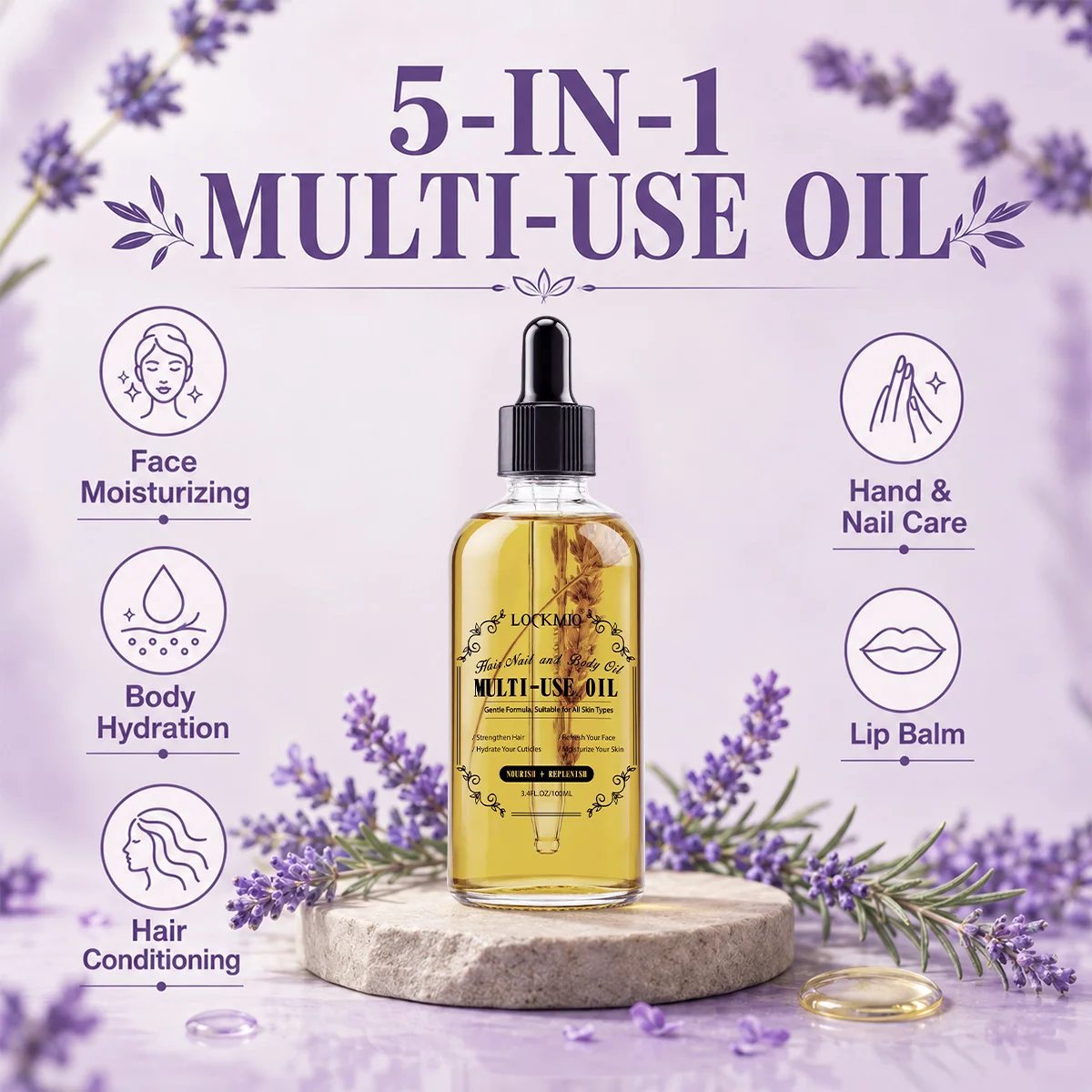 100ml Lavender Multi Use Oil,Moisturizing Body Hair Nail Oil,Strengthen Hair Hydrate Cuticles,Gentle Formula for All Skin Types