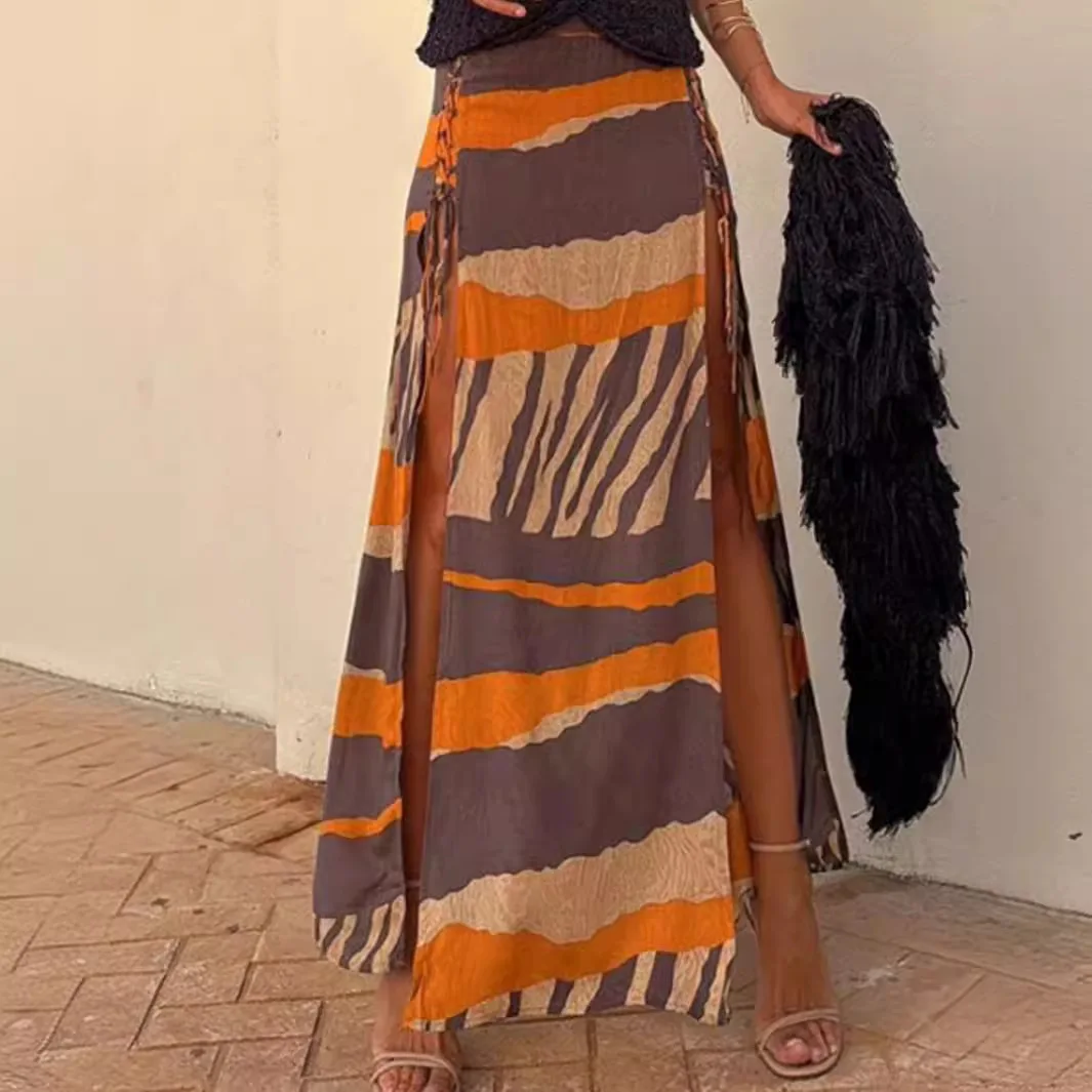 

Женские сексуальные длинные юбки на шнуровке с высоким разрезом, шикарные женские лоскутные облегающие юбки с принтом, женская уличная повседневная юбка, лето 2023 г.