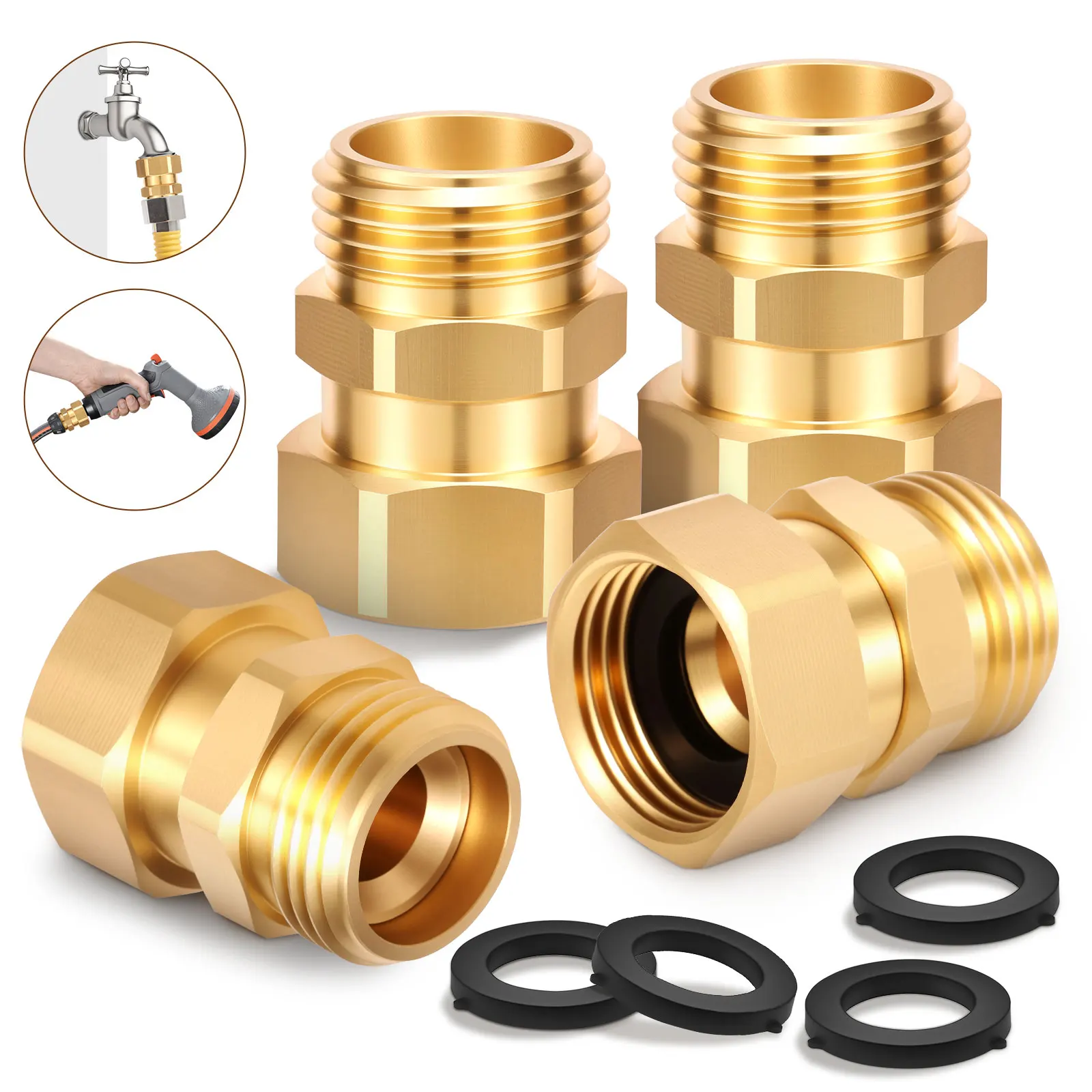 Garden Hose Swivel Adapter 3/4 Inch GHT Heavy Duty Brass 360 Degree Rotating Leakproof 4Pcs 4 Washers for Outdoor Lawn Watering
