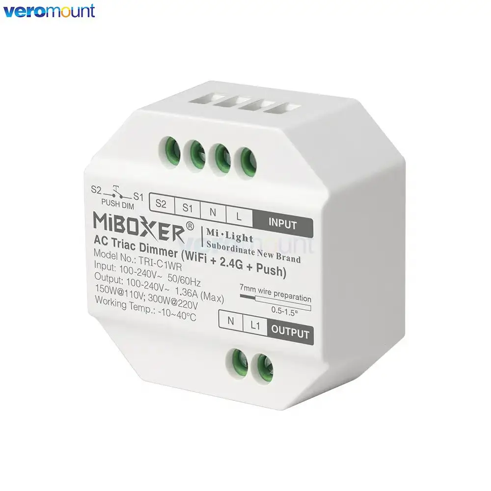 MiBoxer TRI-C1 TRI-C1WR TRI-C1ZR Ściemniacz AC 110V 220V 2.4G RF Zdalna aplikacja WiFi / Sterowanie głosowe 300W do lamp halogenowych