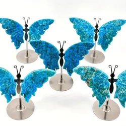 1 Pair Natural Crystal Blue Apatite Butterfly Wing Carving With Stand, Home Decoration, Ideal Choice For Gifts
