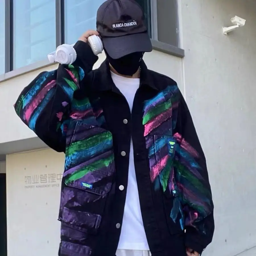 أسود أزرق الدنيم سترة المرأة الربيع والخريف 2025 جديد الكورية تصميم فضفاض الطباعة جينز غير رسمي معطف الإناث