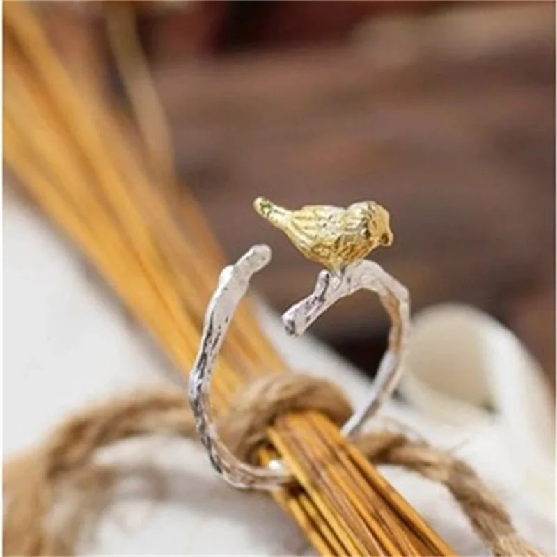 

925 Sterling Silver Branch Golden Bird Opening Ring for Women Female Fashion Personality Exquisite Hand Ornament Fine Jewelry
