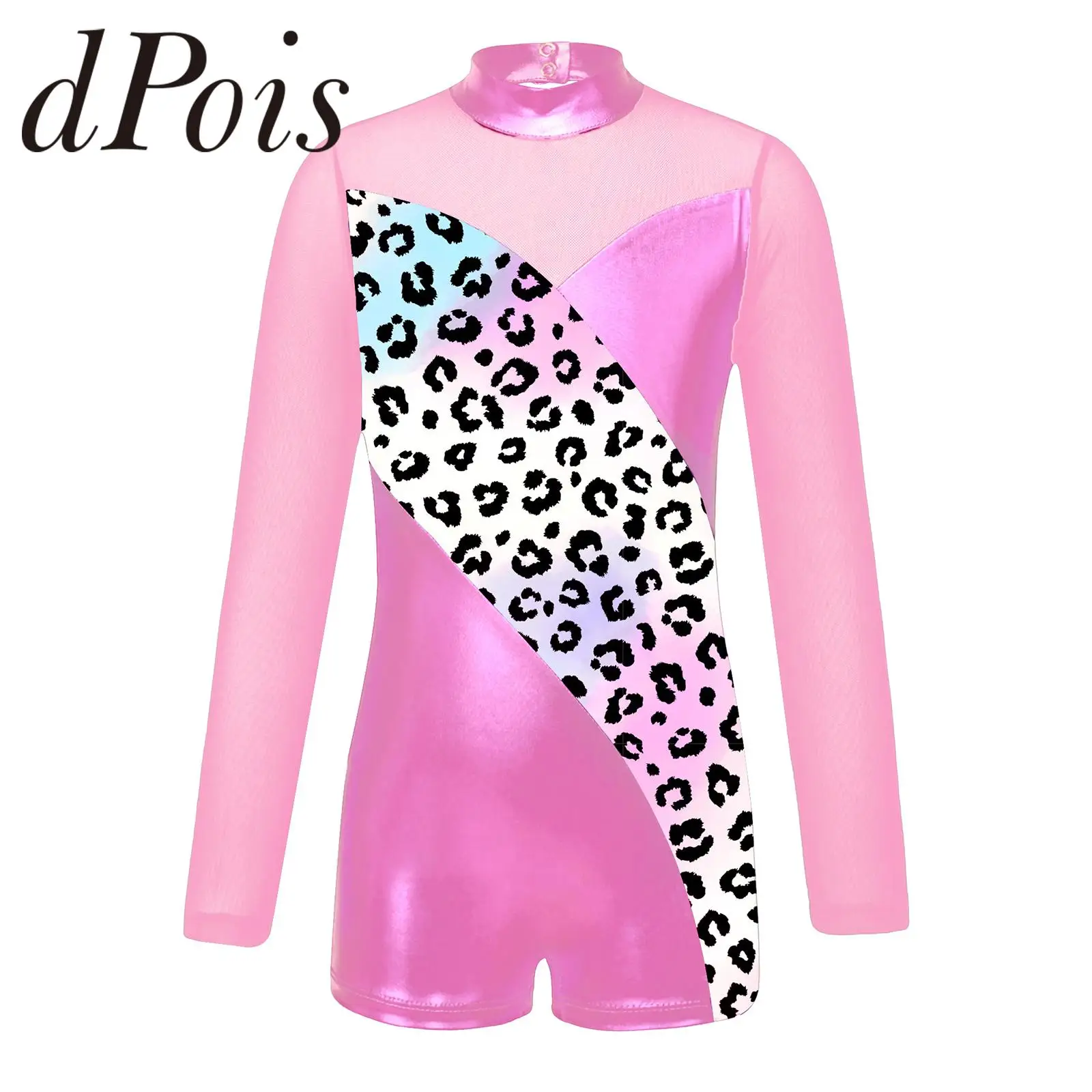 Kids Gymnastics Leotard for Girls Mesh Long Sleeves Leopard Print Ballet Unitard Children Athletic Leotard Teens Dance Jumpsuit