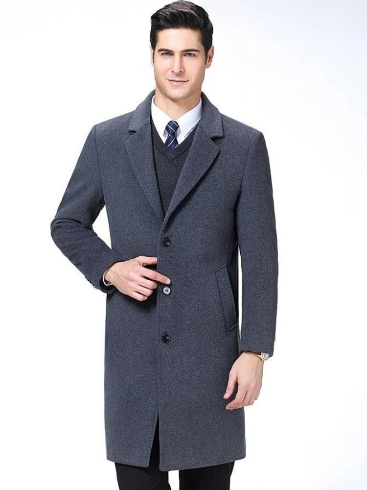 

Men's Long Windbreaker Coat Over Knee Autumn Winter Warm Woolen Jacket for Middle Aged Senior Fathers Thickened Trench Coat