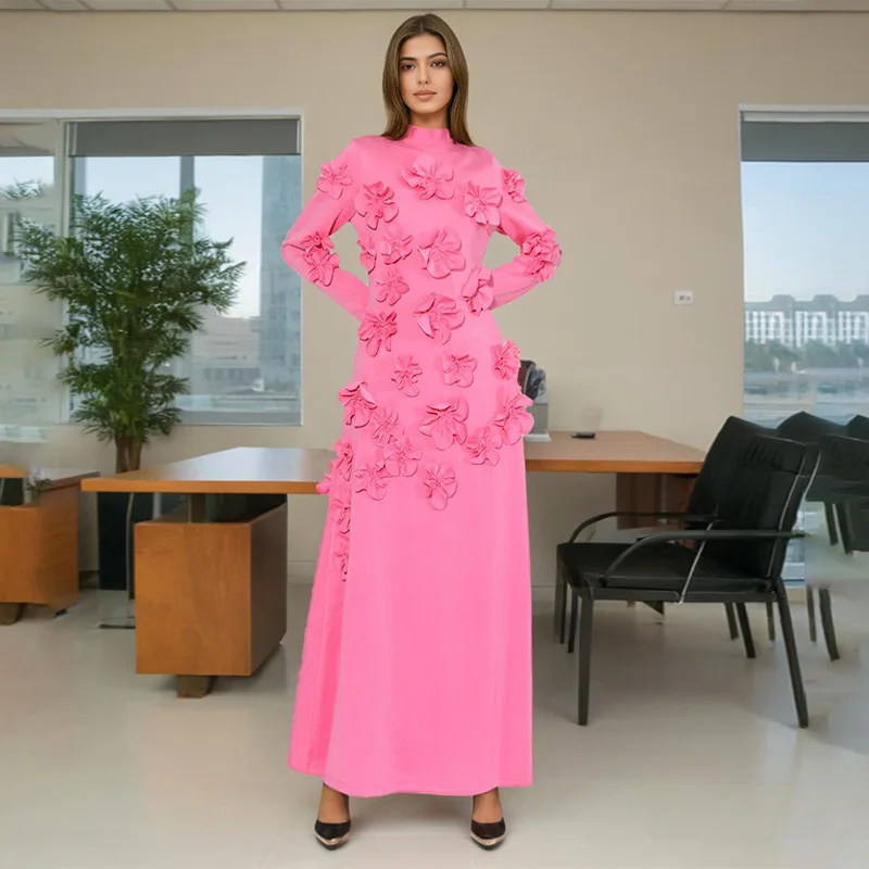 

Ele High Waist A-Line Dr Women's Faion 2025 New Sle Bow Splicing Design 3D Flower Decoration Long Sve Dr