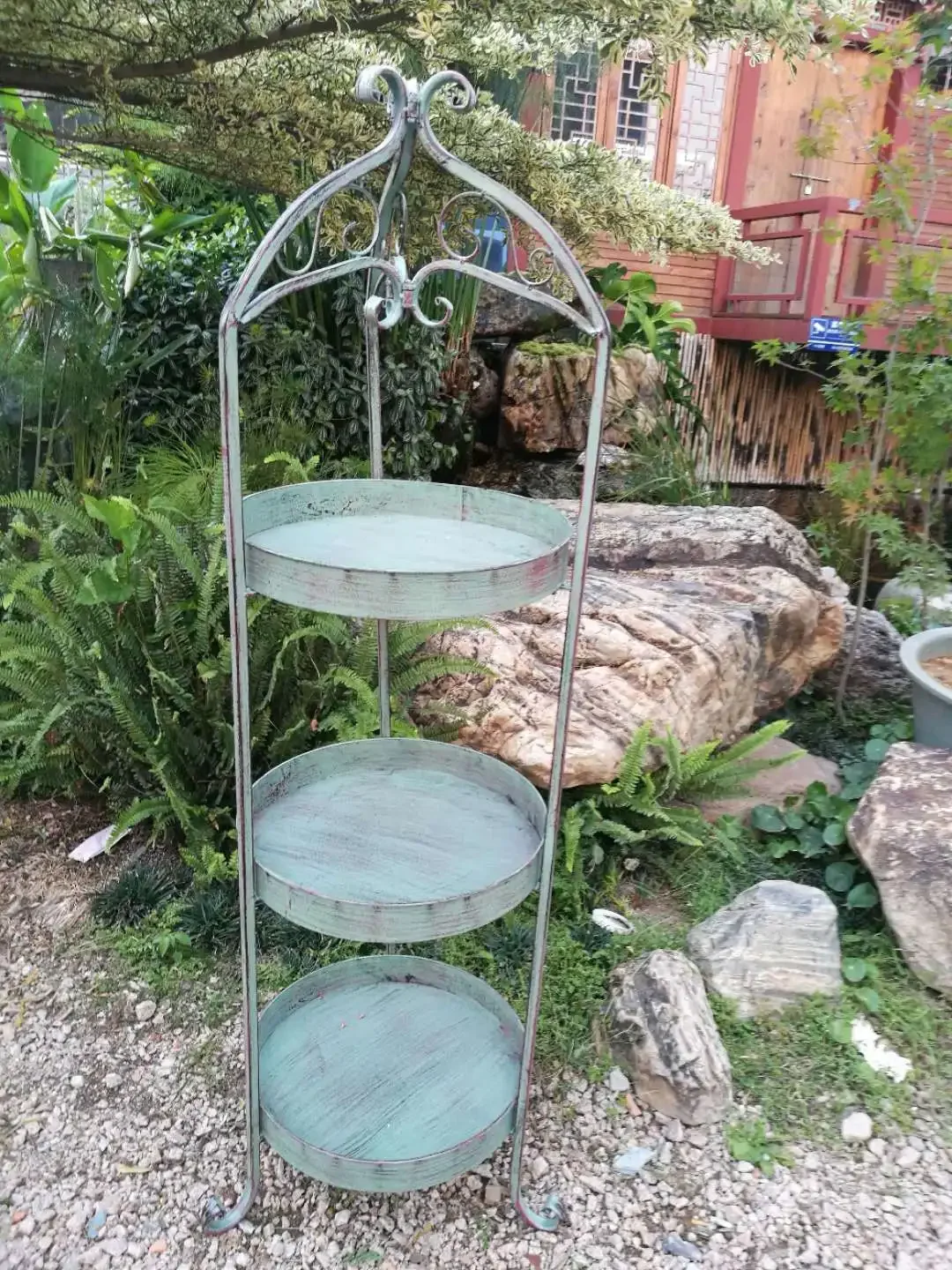 Étagère de rangement sur pied en fer vert, art rétro, balcon à trois étages, cour, salon, porte-fleurs